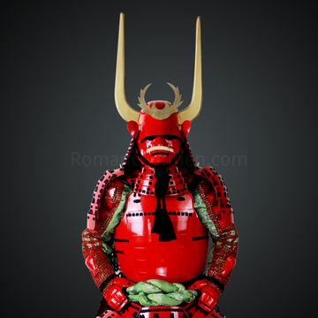 Kikkawa Motoharu Red and Black Samurai Armor Tosei Gusoku Style Kabuto with Maedate & Wakidate All Red Kozane With Black Cords